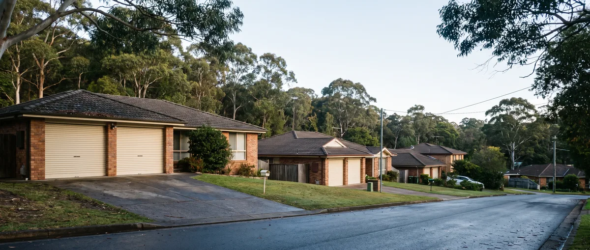 A quiet Belrose residential street of 1970s brick-and-tile houses with double garages, dense eucalypt bushland rising directly behind their back fences