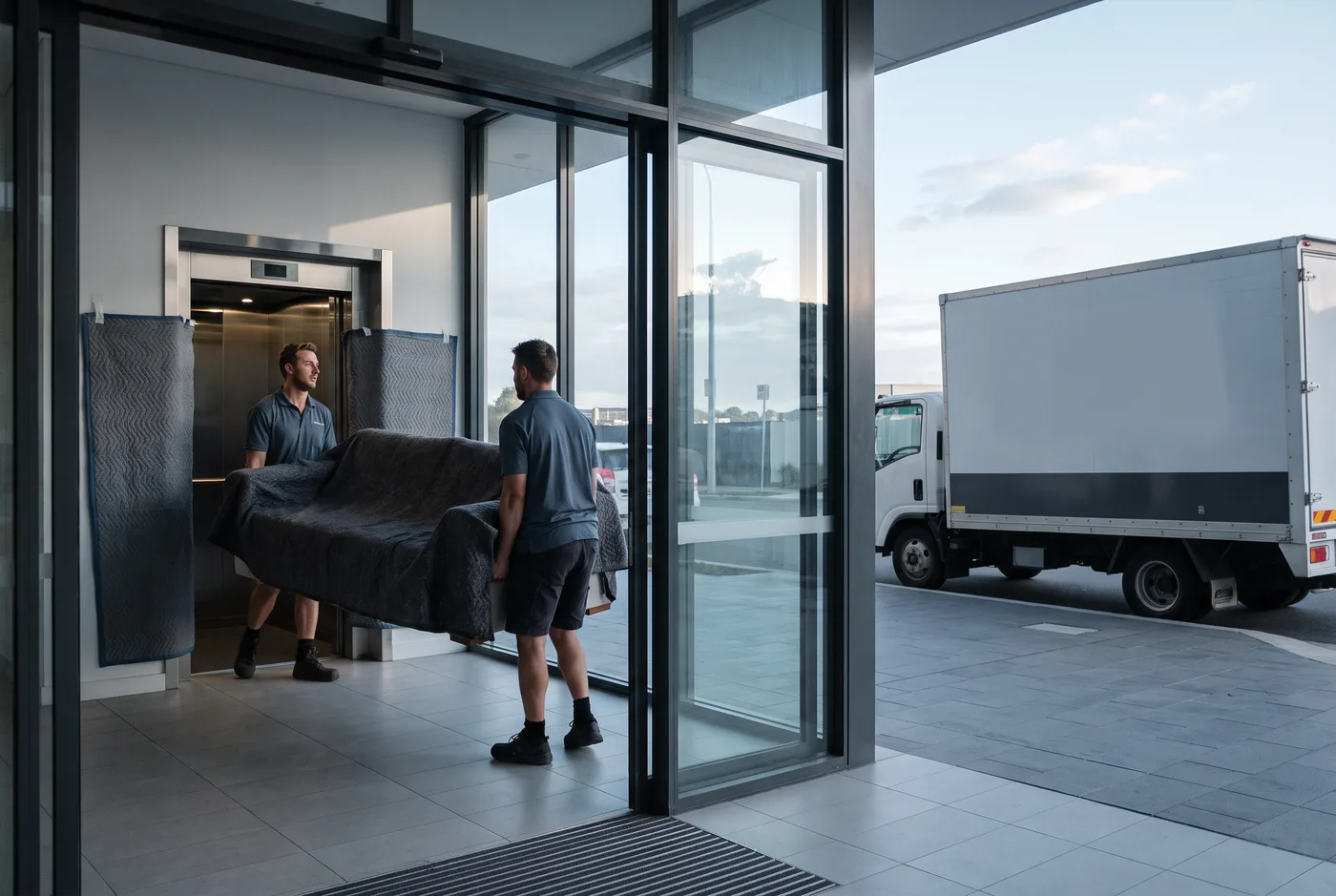 Two crew members carrying a couch wrapped in a dark protective cover through an apartment building lobby, the lift behind them hung with padded covers