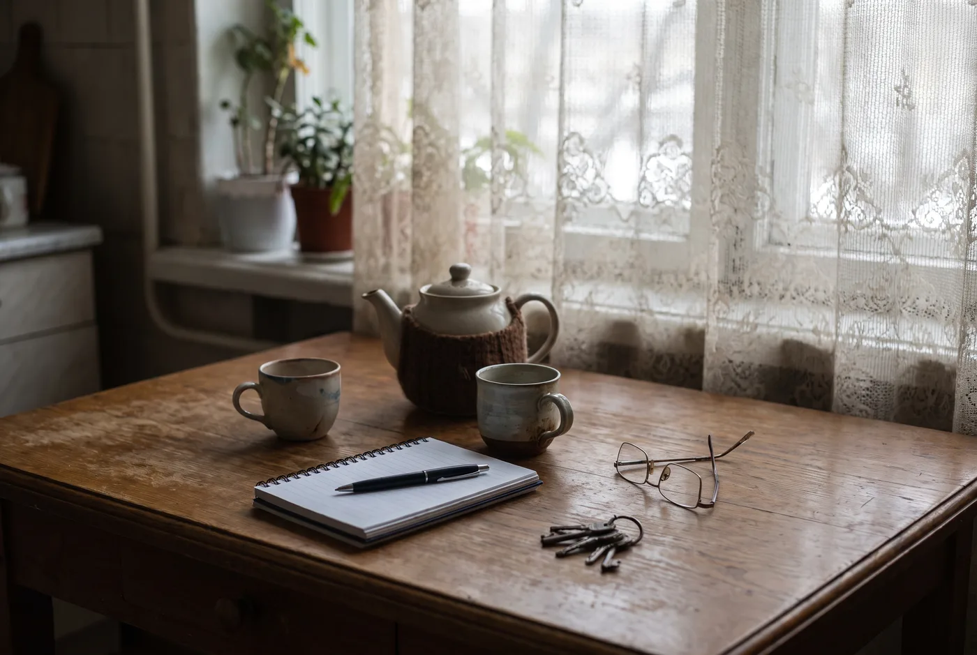 A kitchen table in an older family home: reading glasses, a pot of tea with two cups, a notepad and pen, and a ring of house keys in soft morning light