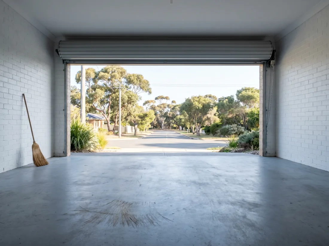An empty double garage, freshly cleared and swept, roller door open to a bright leafy street
