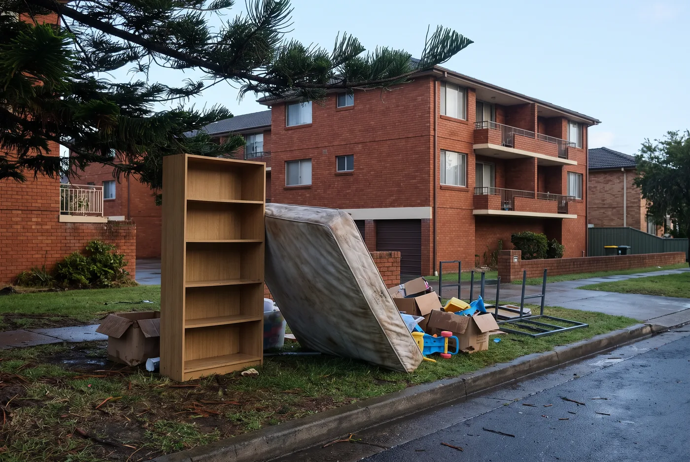 A picked-over kerbside cleanup pile on a wet grass verge outside a brick walk-up apartment block the morning after rain: a damp mattress, a swollen bookshelf and softened cardboard boxes