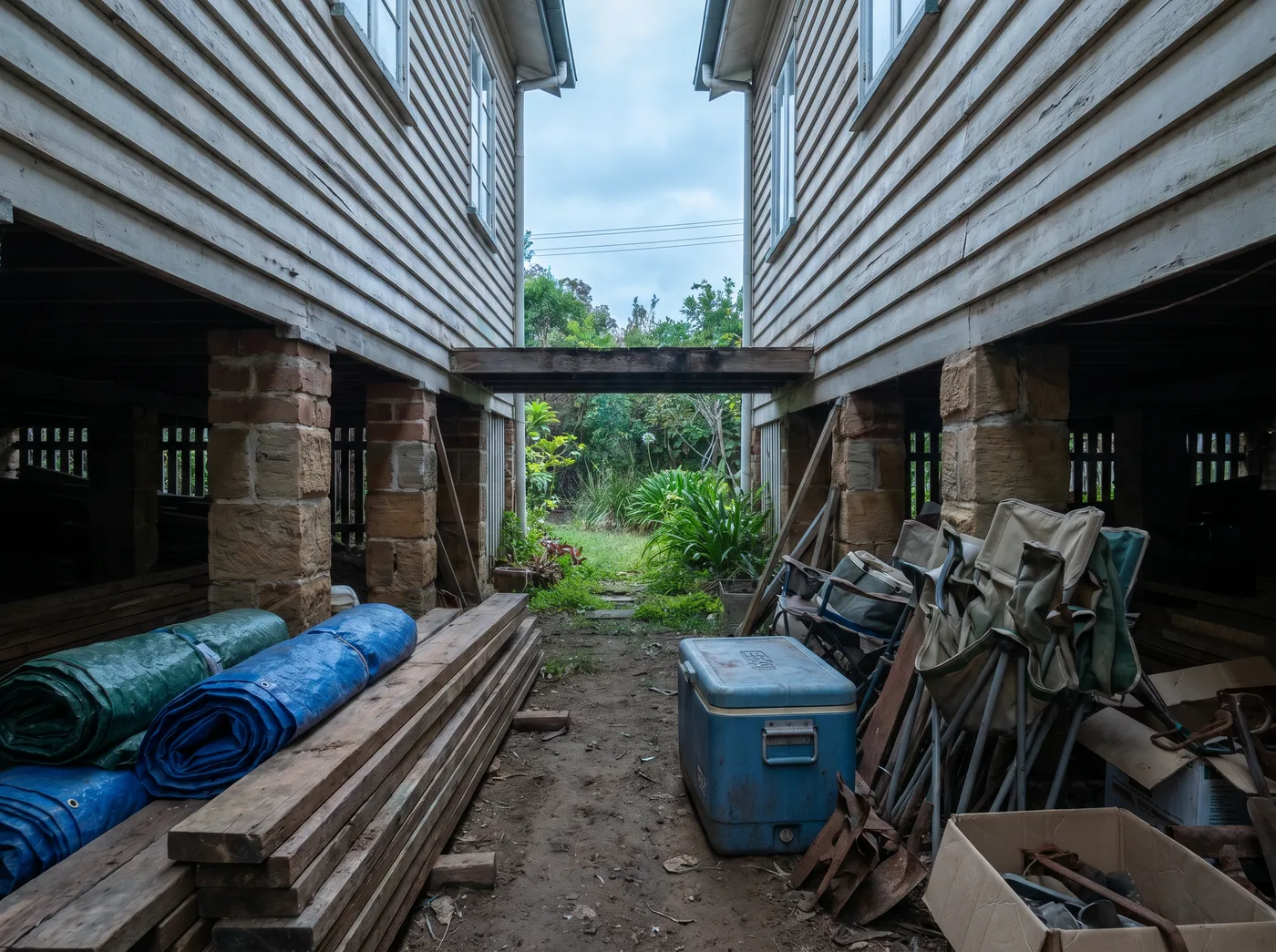 The storage space under a timber weatherboard house: brick piers, stacked timber, camping gear, tarps